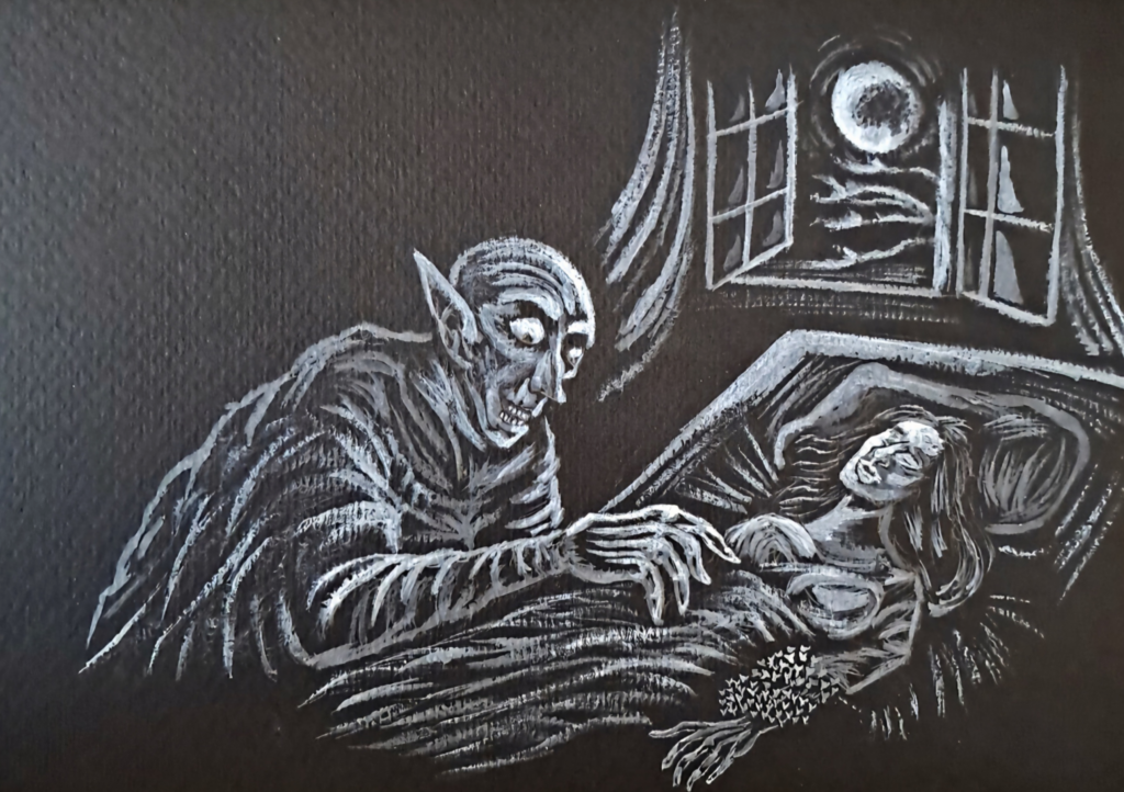 Fan art expressionniste inspiré de Nosferatu créature nocturne penchée sur victime