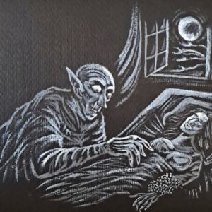 Fan art expressionniste inspiré de Nosferatu créature nocturne penchée sur victime