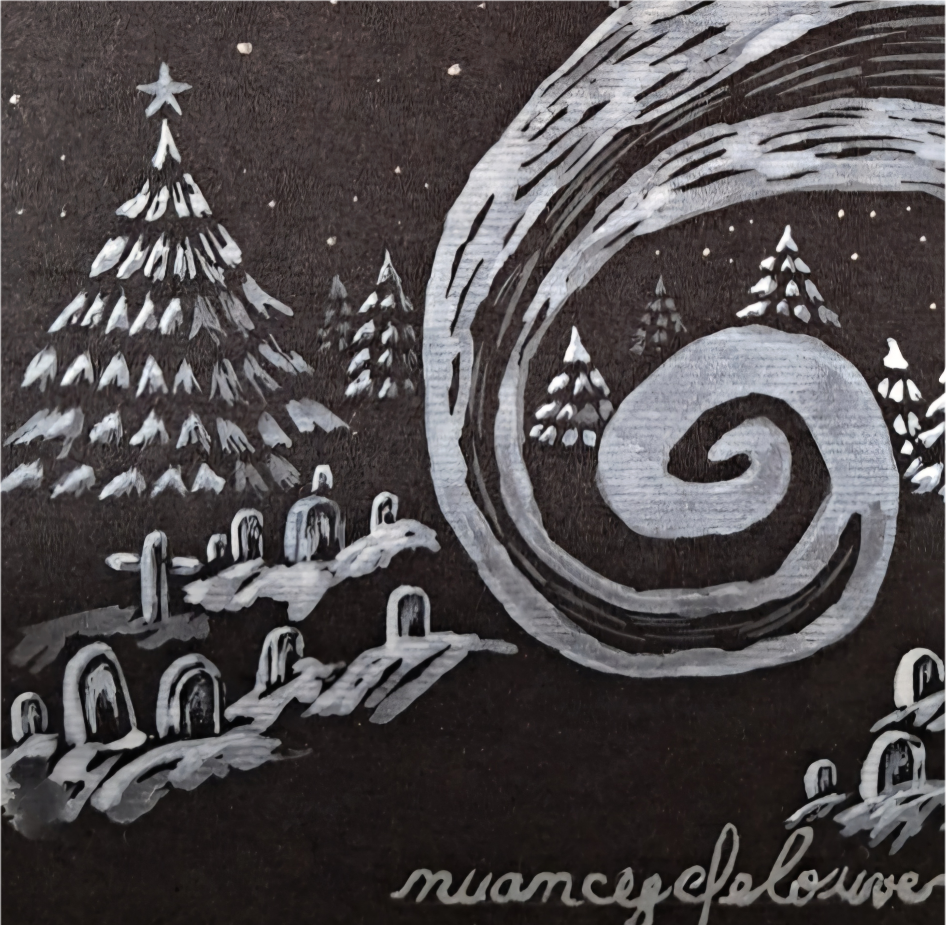 Détail fan art hivernal paysage enneigé et colline spiralée emblématique