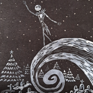 Illustration fan art non officiel inspiré de l'Etrange Noel de Monsieur Jack avec silhouette squelettique sous une étoile hivernale