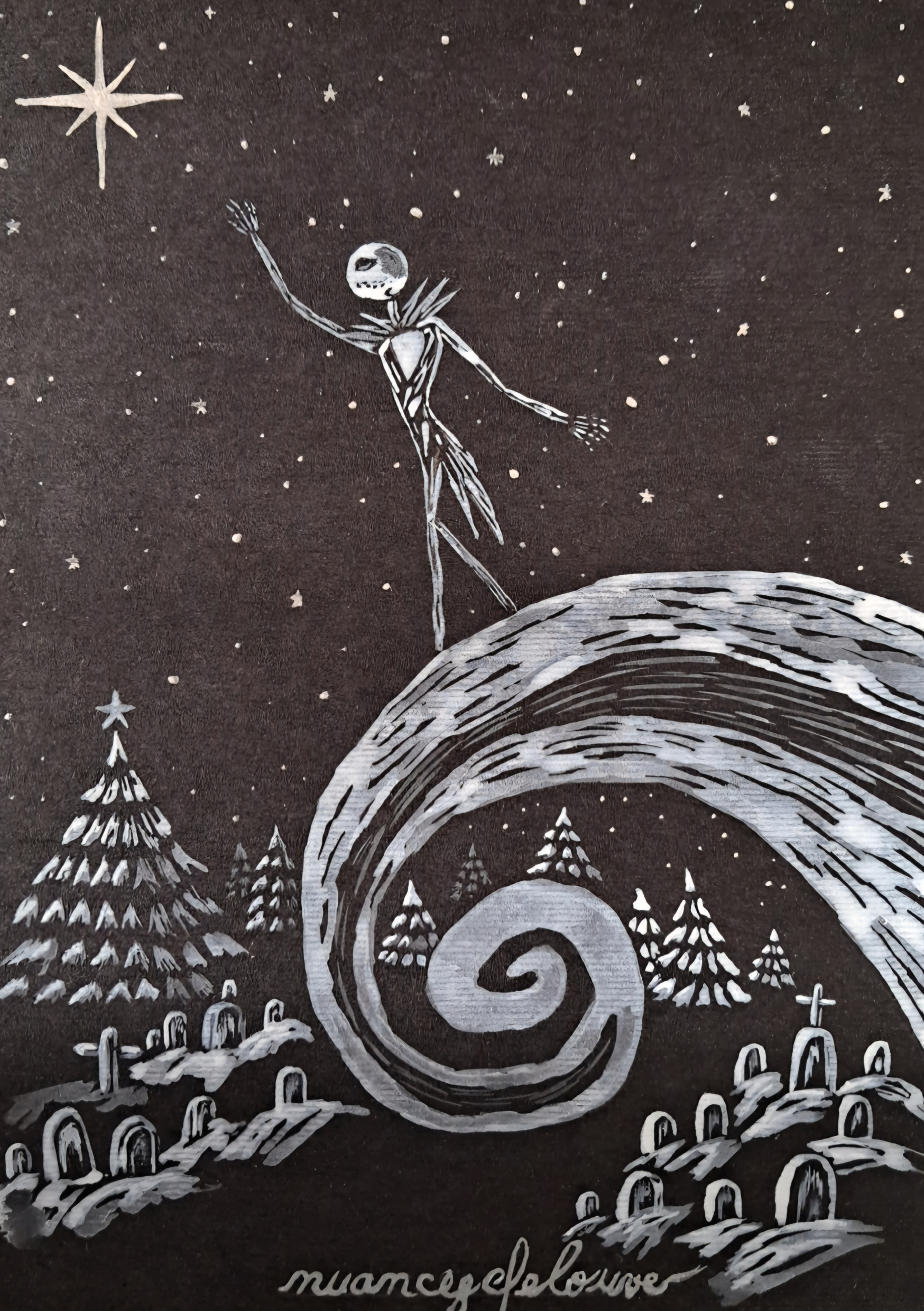 Illustration fan art non officiel inspiré de l'Etrange Noel de Monsieur Jack avec silhouette squelettique sous une étoile hivernale