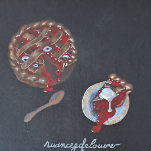 Illustration dark fantasy Eyepple Pie avec tarte inquiétante garnie d'oeils et part sanglante, ambiance gothiique automnale