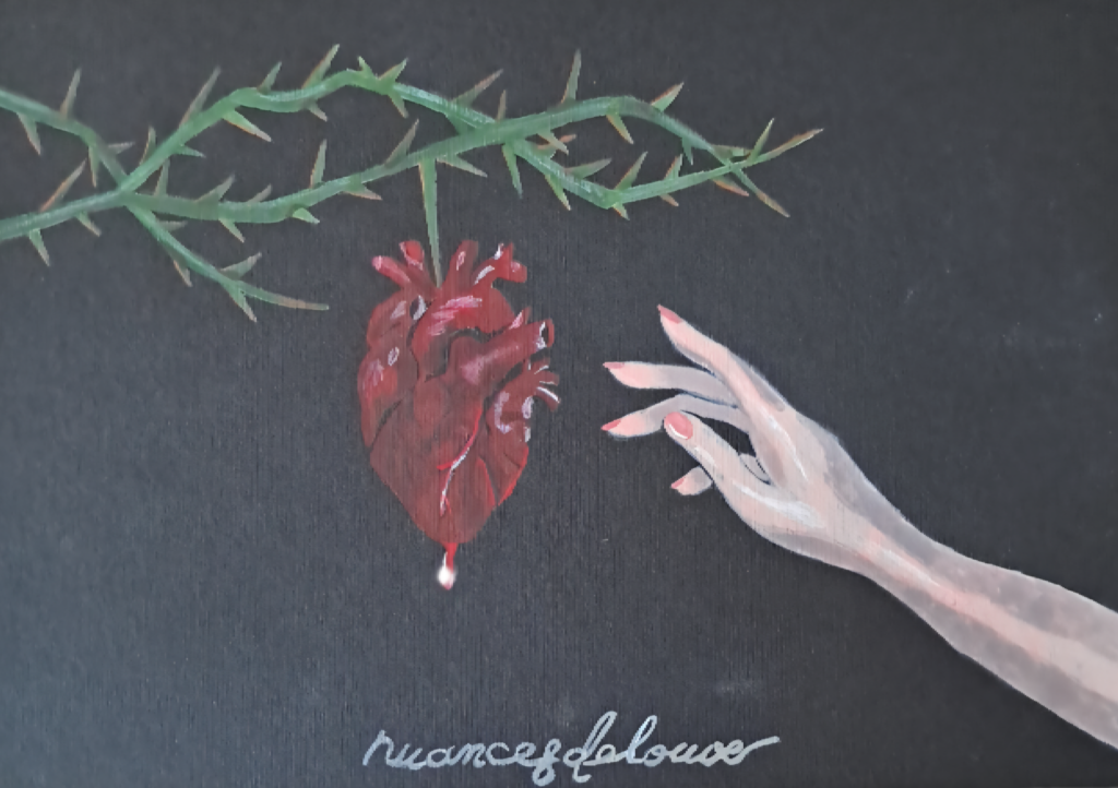 Illustration gothique La Cueillette, coeur suspendu cueilli par une main délicate dans une atmosphère sombre et poétique