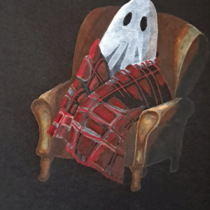 Illustration d'un fantôme drapé dans un plaid écossais assis dans un fauteuil vintage, ambiance sombre et mélancolique