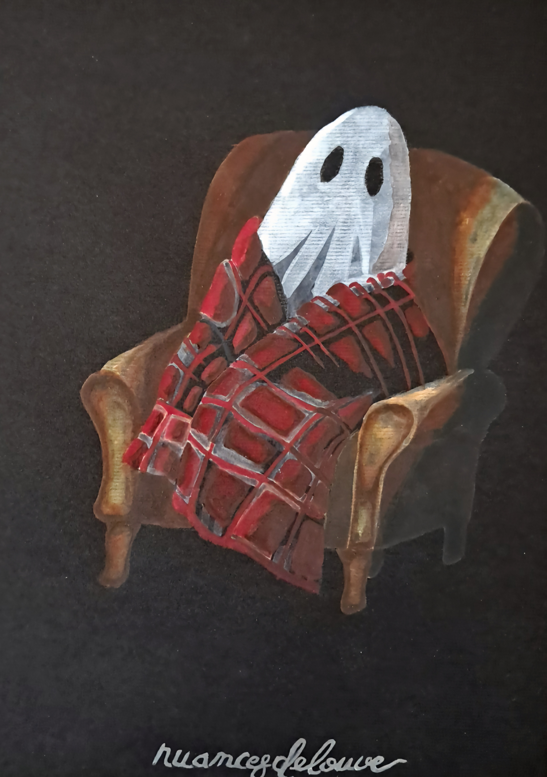 Illustration d'un fantôme drapé dans un plaid écossais assis dans un fauteuil vintage, ambiance sombre et mélancolique