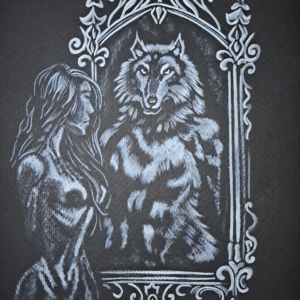 Illustration gothique aquarelle In-Her Wolf femme et loup miroir art sombre symbolique