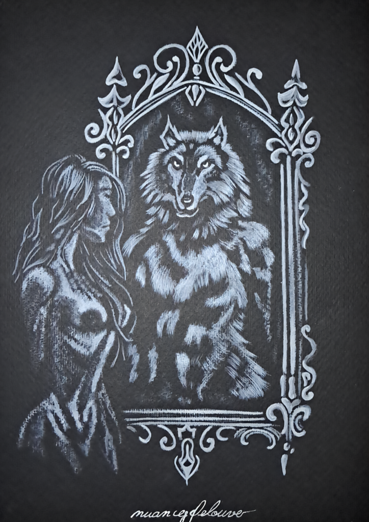 Illustration gothique aquarelle In-Her Wolf femme et loup miroir art sombre symbolique