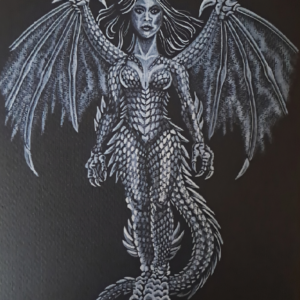 Illustration gothique aquarelle The Dragoness femme dragon ailée art sombre mystique
