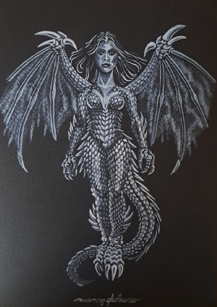 Illustration gothique aquarelle The Dragoness femme dragon ailée art sombre mystique