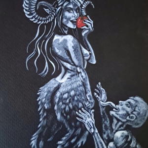 Illustration gothique aquarelle de Belial Candy, femme démoniaque cornes de bélier, art sombre et poétique