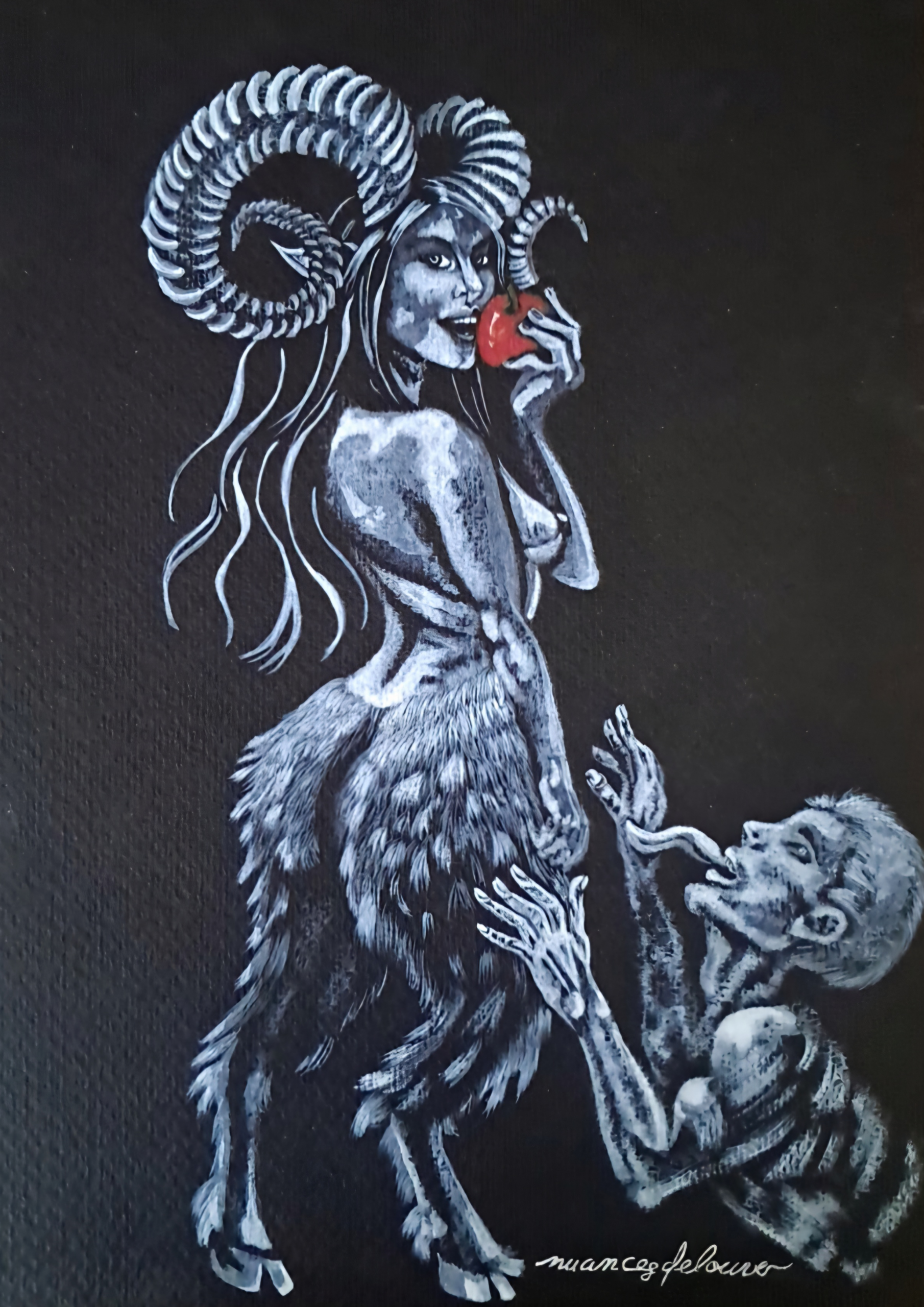 Illustration gothique aquarelle de Belial Candy, femme démoniaque cornes de bélier, art sombre et poétique