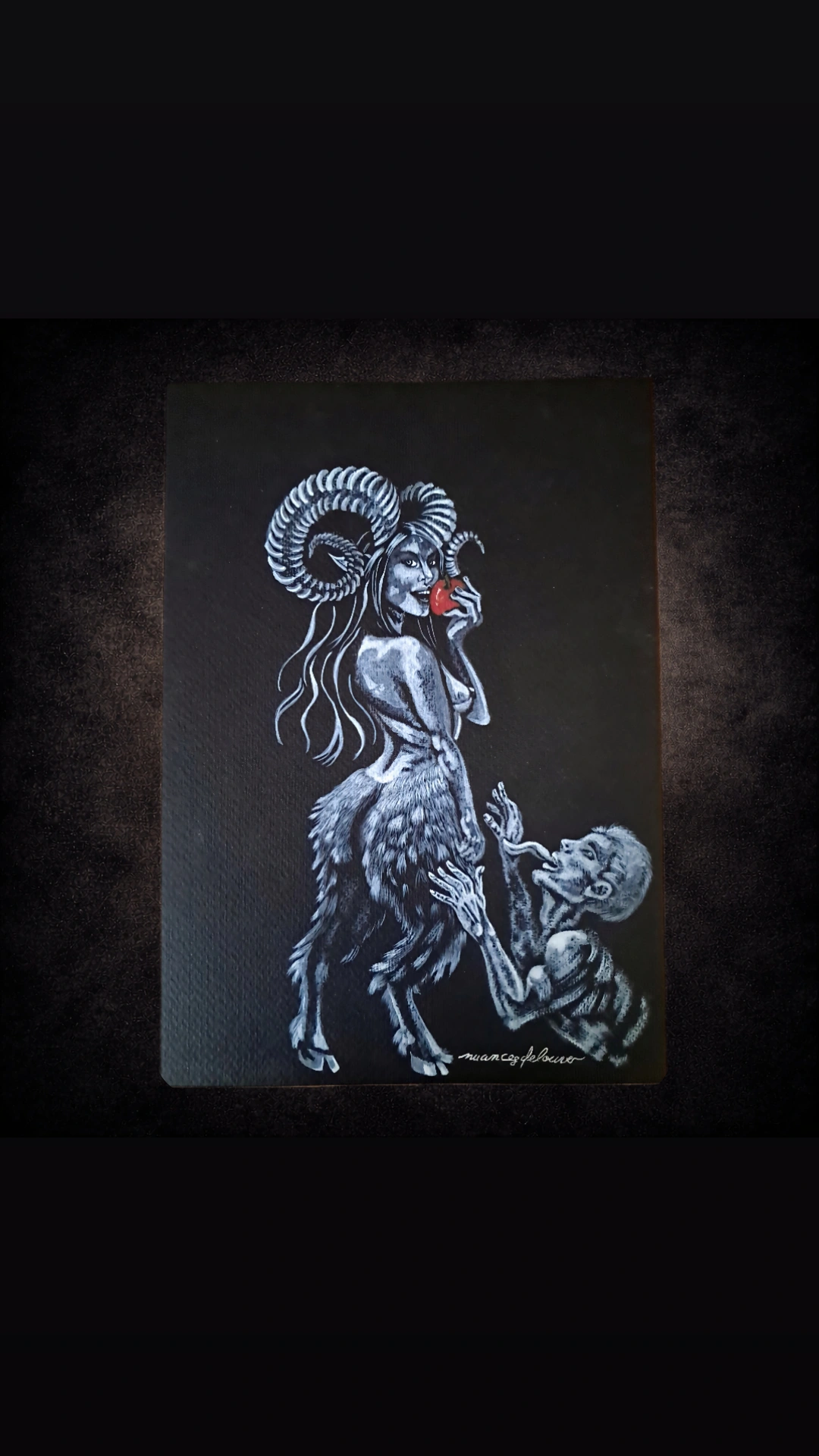 Illustration symbolique Belial Candy femme diable pomme rouge homme serpent aquarelle blanc sur noir tirage Fine Art