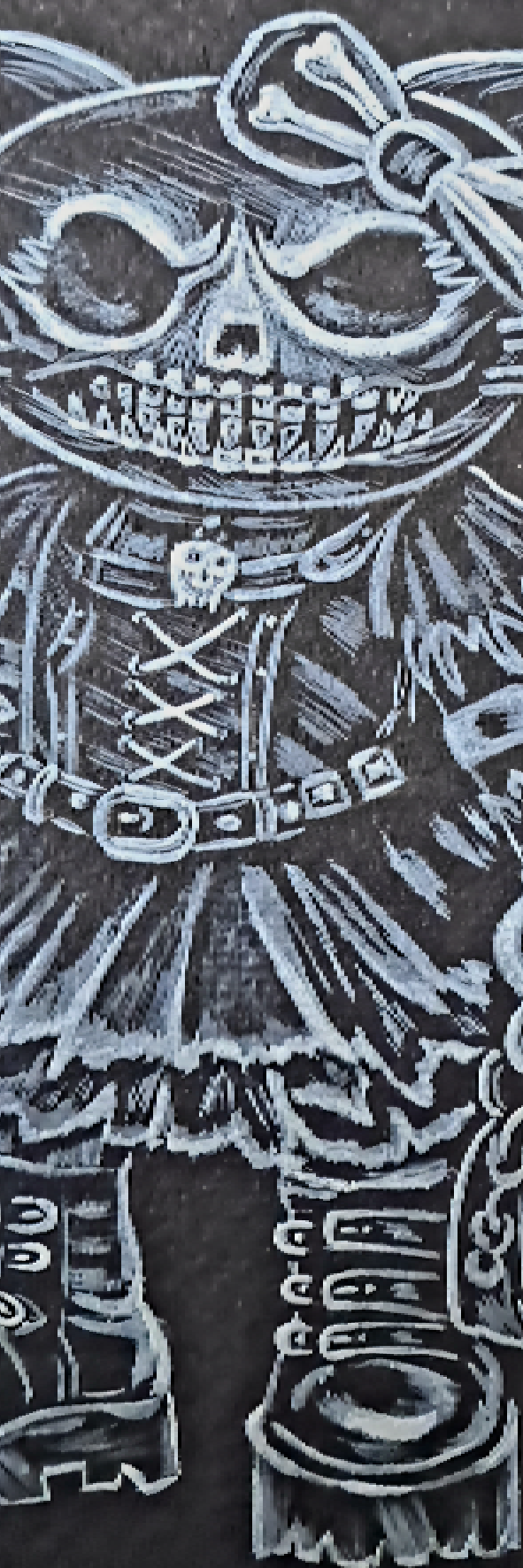 Marque-page gothique représentant un chat-squelette vêtu de noir avec accessoires punk