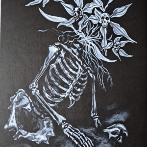 Death in Bloom, aquarelle originale représentant un squelette dont le crâne est remplacé par des orchidées aux pistils en forme de têtes de mort