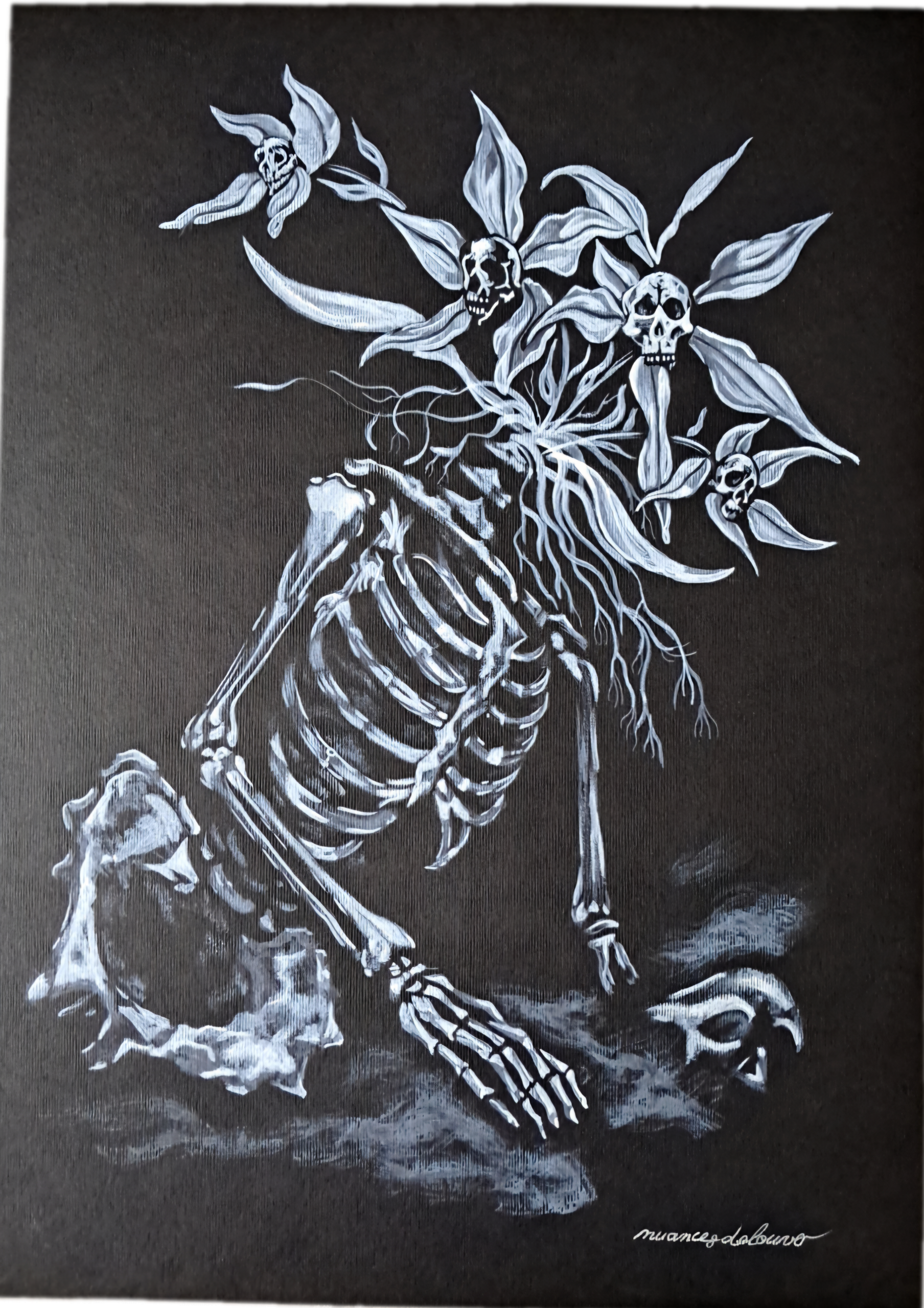 Death in Bloom, aquarelle originale représentant un squelette dont le crâne est remplacé par des orchidées aux pistils en forme de têtes de mort