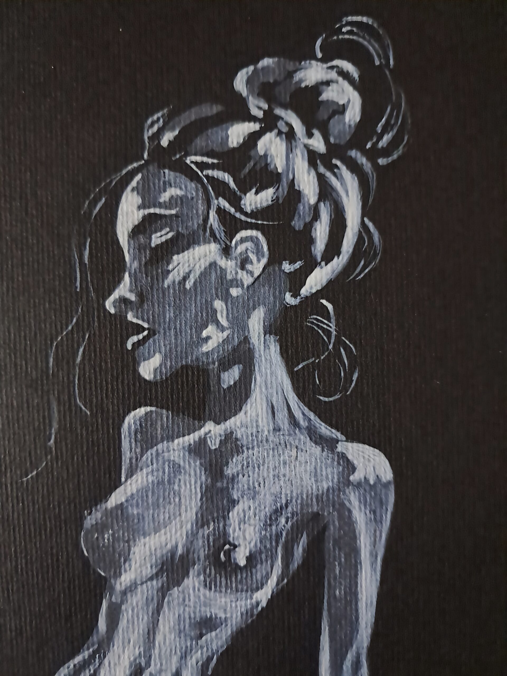 Détail de l'illustration Scissors Sisters montrant le buste et le visage d'une femme sur fond noir