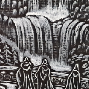 Marque-page Le Refuge des Eaux Murmurantes, illustration de cascades et salon enchanteur en blanc sur noir