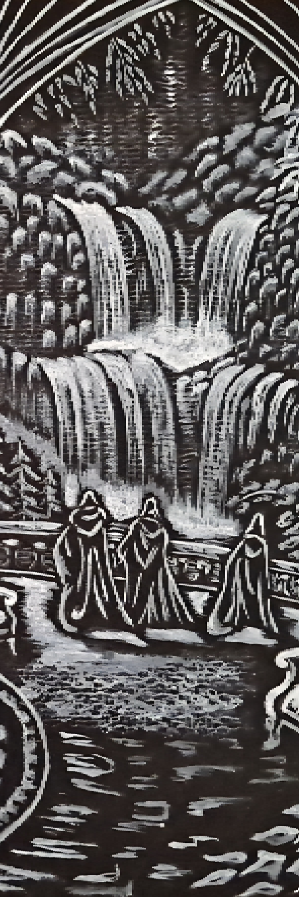 Marque-page Le Refuge des Eaux Murmurantes, illustration de cascades et salon enchanteur en blanc sur noir