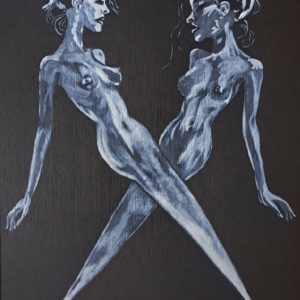 Illustration saphique métaphorique représentant deux femmes nues dont les jambes se transforment en lames croisées, aquarelle blanche sur papier noir