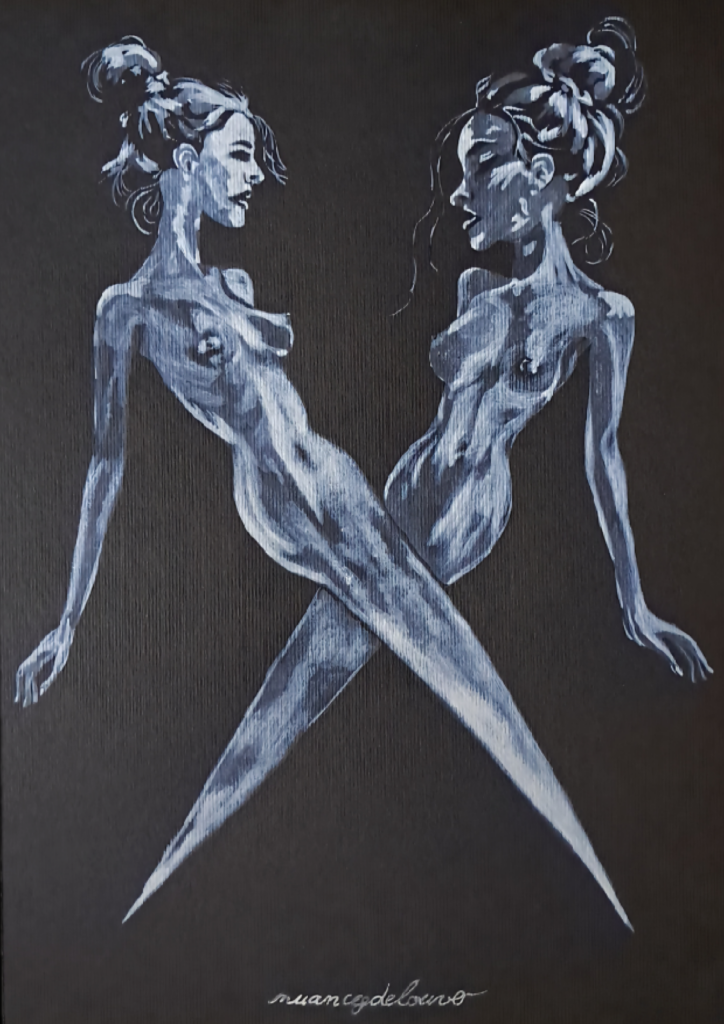 Illustration saphique métaphorique représentant deux femmes nues dont les jambes se transforment en lames croisées, aquarelle blanche sur papier noir