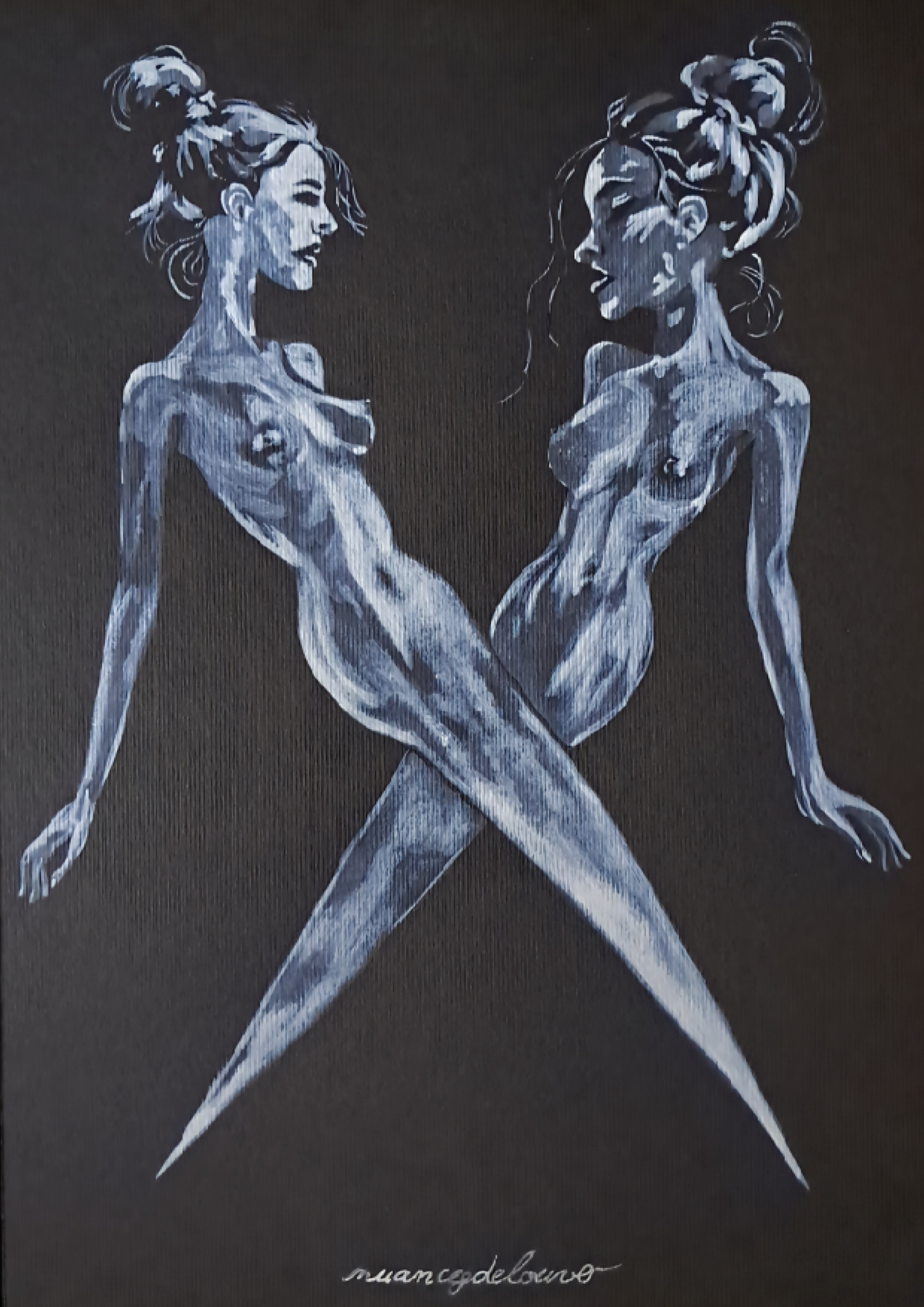 Illustration saphique métaphorique représentant deux femmes nues dont les jambes se transforment en lames croisées, aquarelle blanche sur papier noir