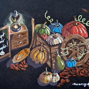 Adopt Your Pumpkin - aquarelle originale d'automne sur papier noir représentant une caisse de citrouilles, une lanterne, un balai de sorcière et une roue en bois.