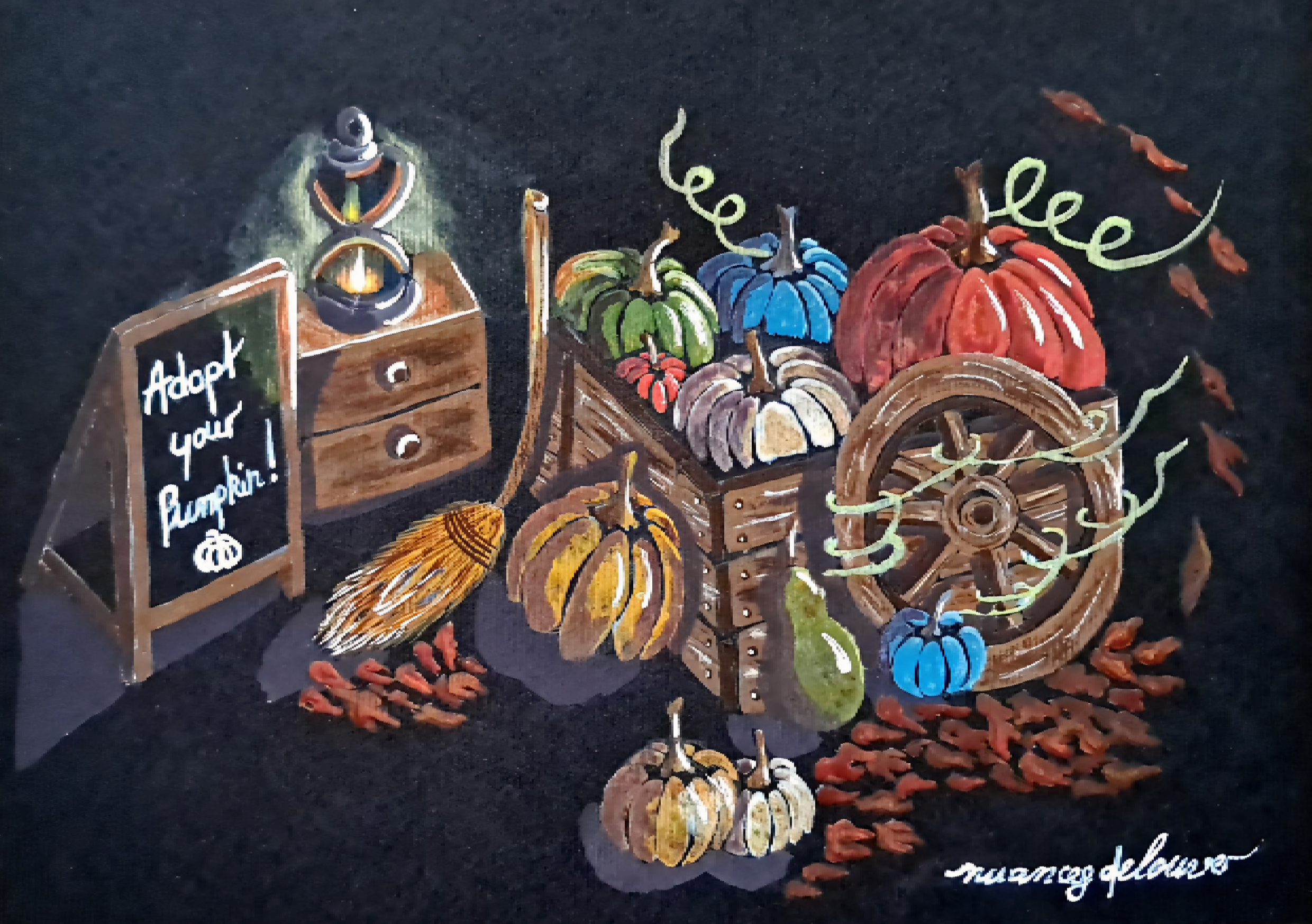 Adopt Your Pumpkin - aquarelle originale d'automne sur papier noir représentant une caisse de citrouilles, une lanterne, un balai de sorcière et une roue en bois.