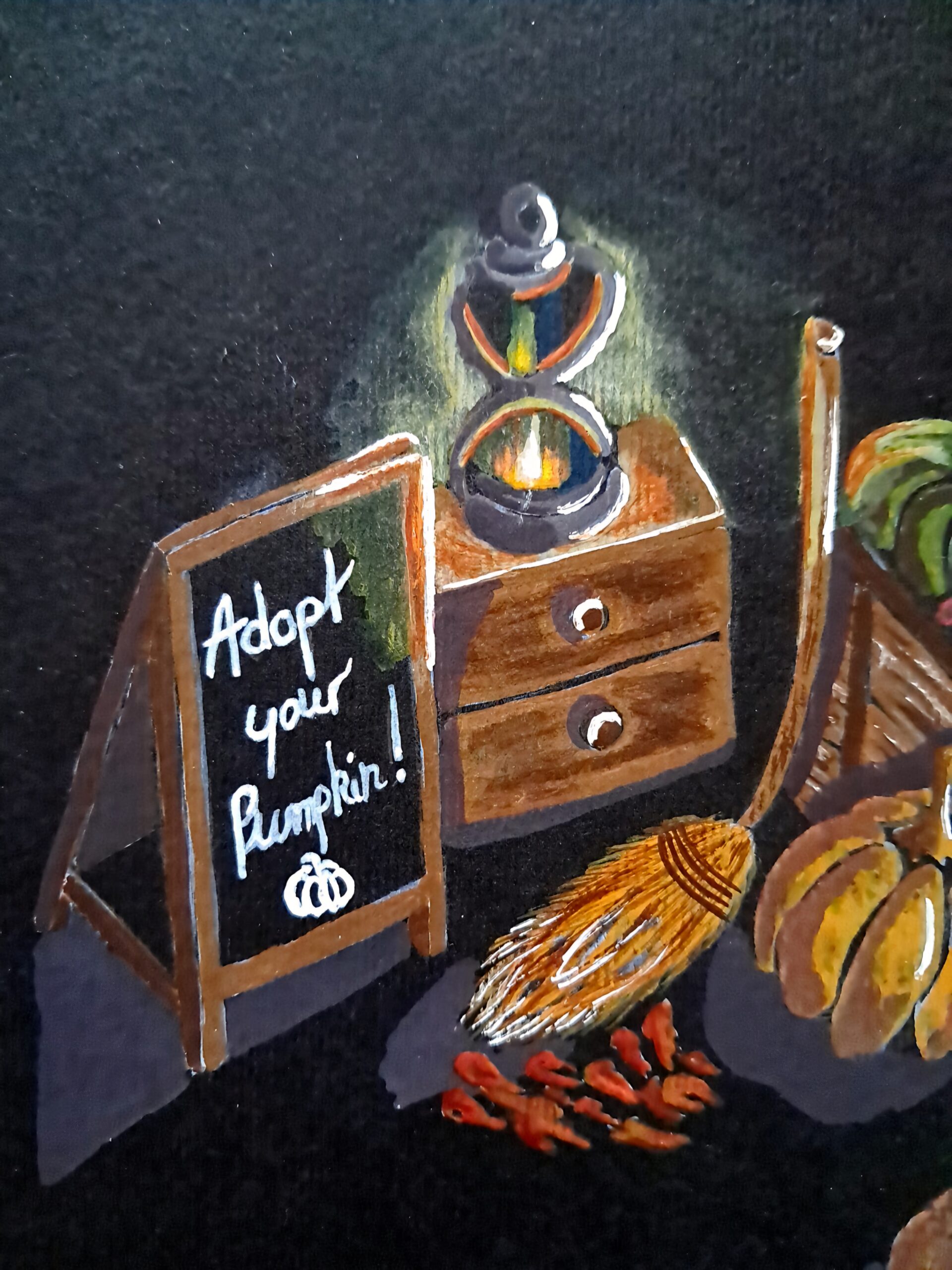 Détail de la lanterne allumée, du balaie de sorcière et du panneau "Adopt Your Pumpkin" dans une aquarelle originale sur papier noir.