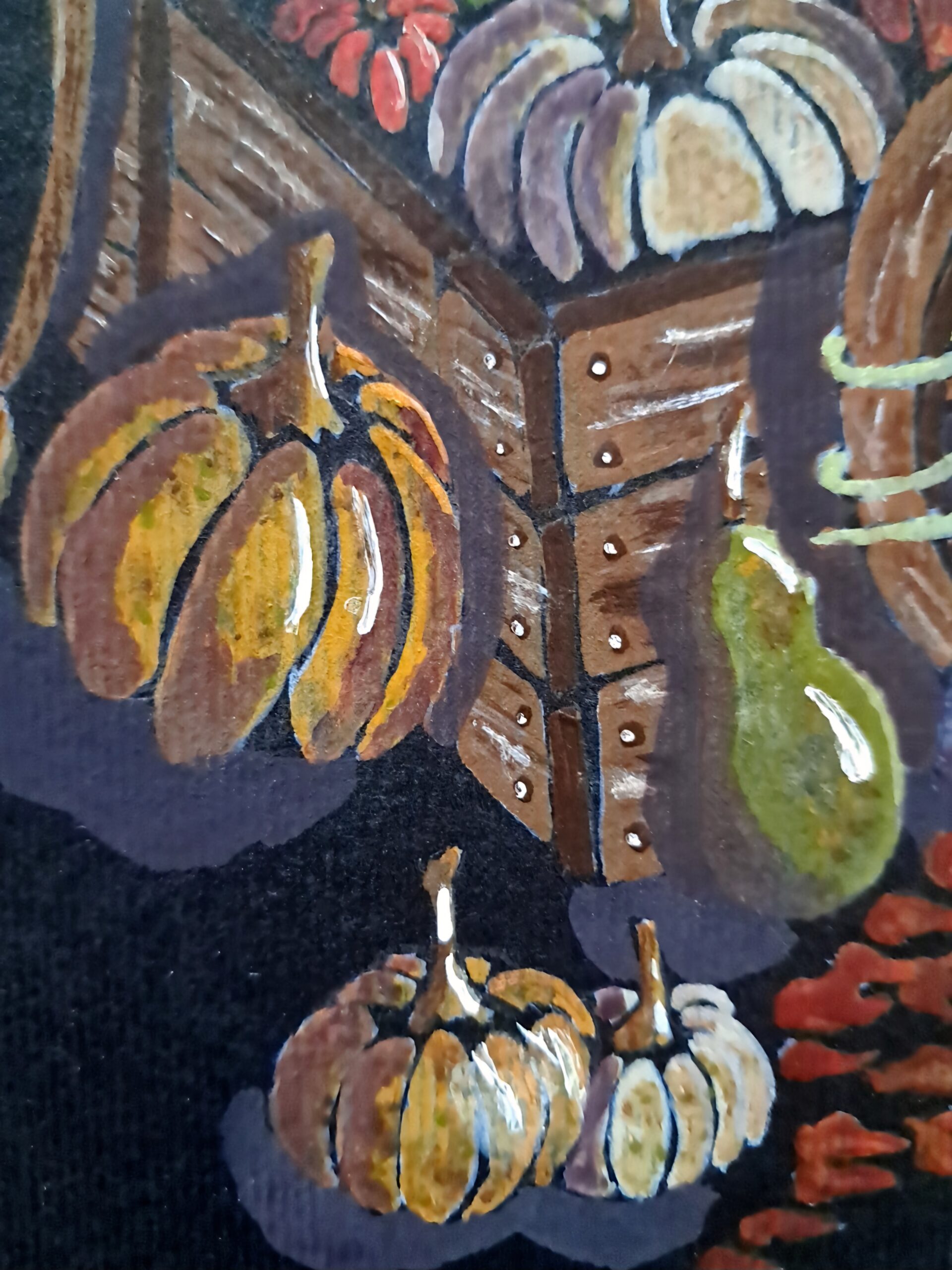 Détail de l'aquarelle originale "Adopt Your Pumpkin" montrant des citrouilles et une courge sur papier noir.
