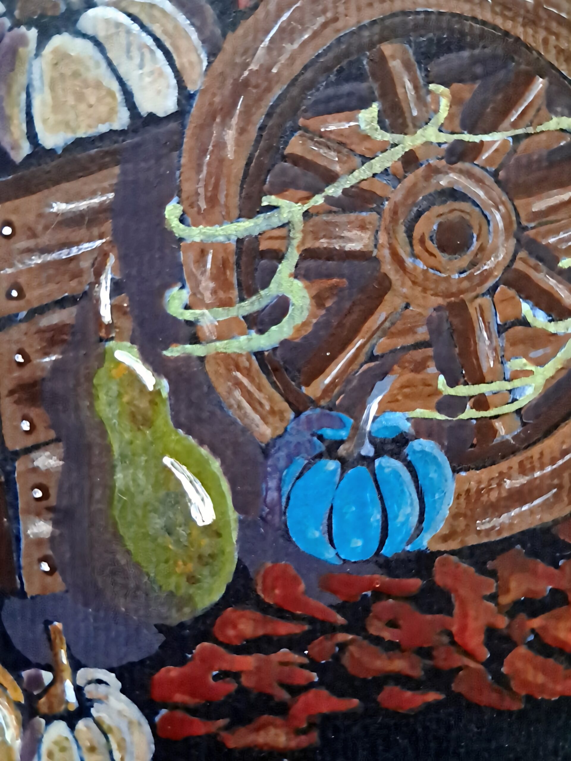 Détail de l'aquarelle originale "Adopt Your Pumpkin" montrant une roue en bois, une courge verte et une petite citrouille bleu de Hongrie sur papier noir.