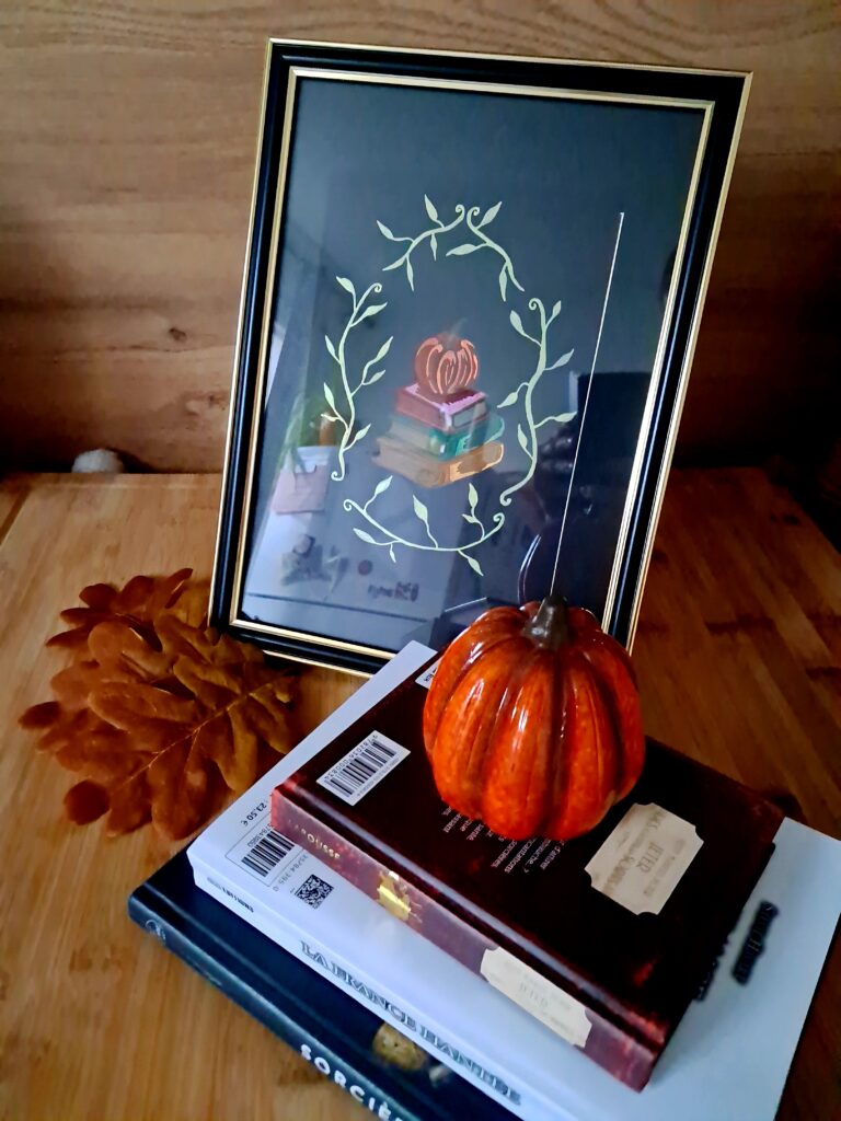 A Witch's Little Library - aquarelle originale d'automne représentant une citrouille sur des livres