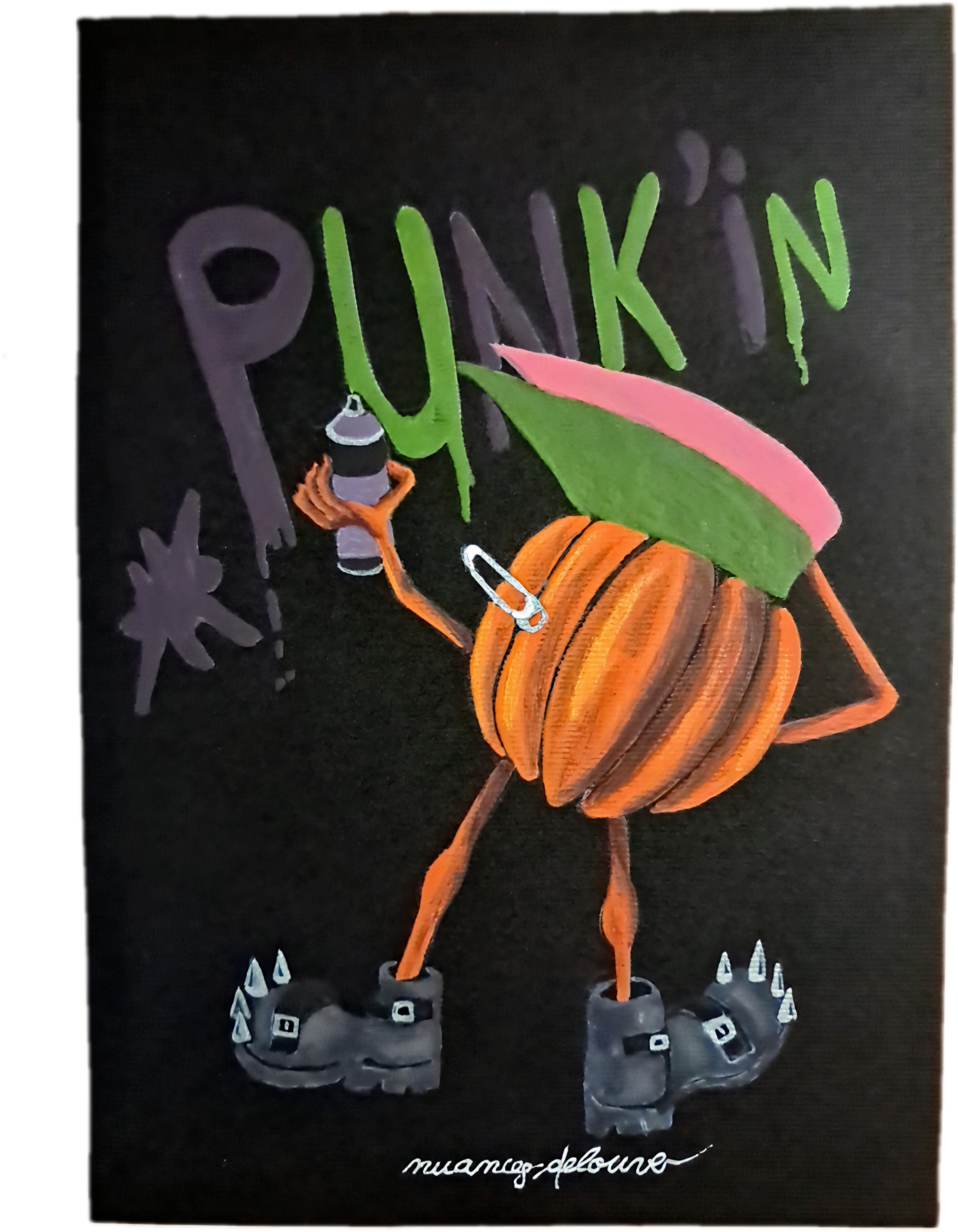 Punk-in, aquarelle originale sur papier noir représentant une petite citrouille punk avec une bombe de peinture