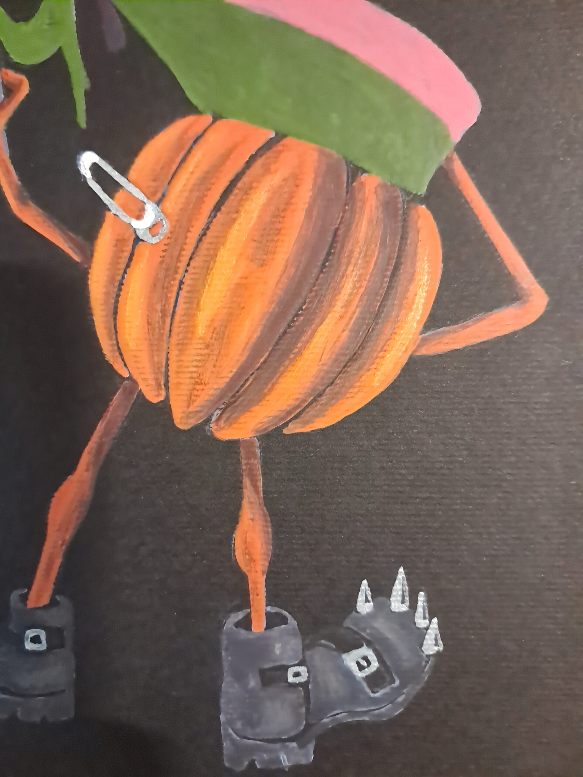 Détail de Punk'in, aquarelle sur papier noir, avec la citrouille orange, le feuillage vert et les détails métalliques