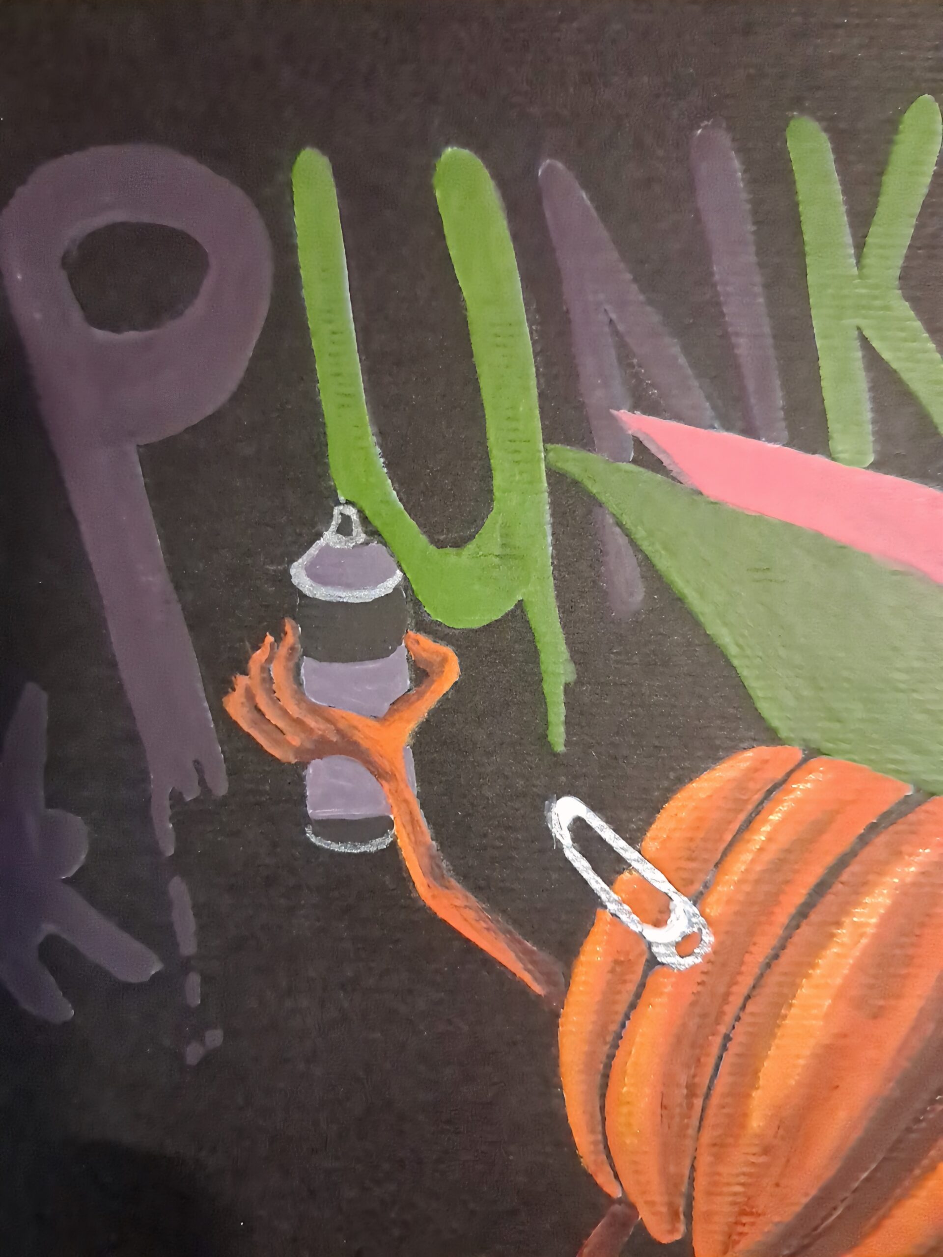 Détail de Punk'in, aquarelle originale sur papier noir, montrant la bombe de peinture tenue par la petite citrouille et son graffiti punk