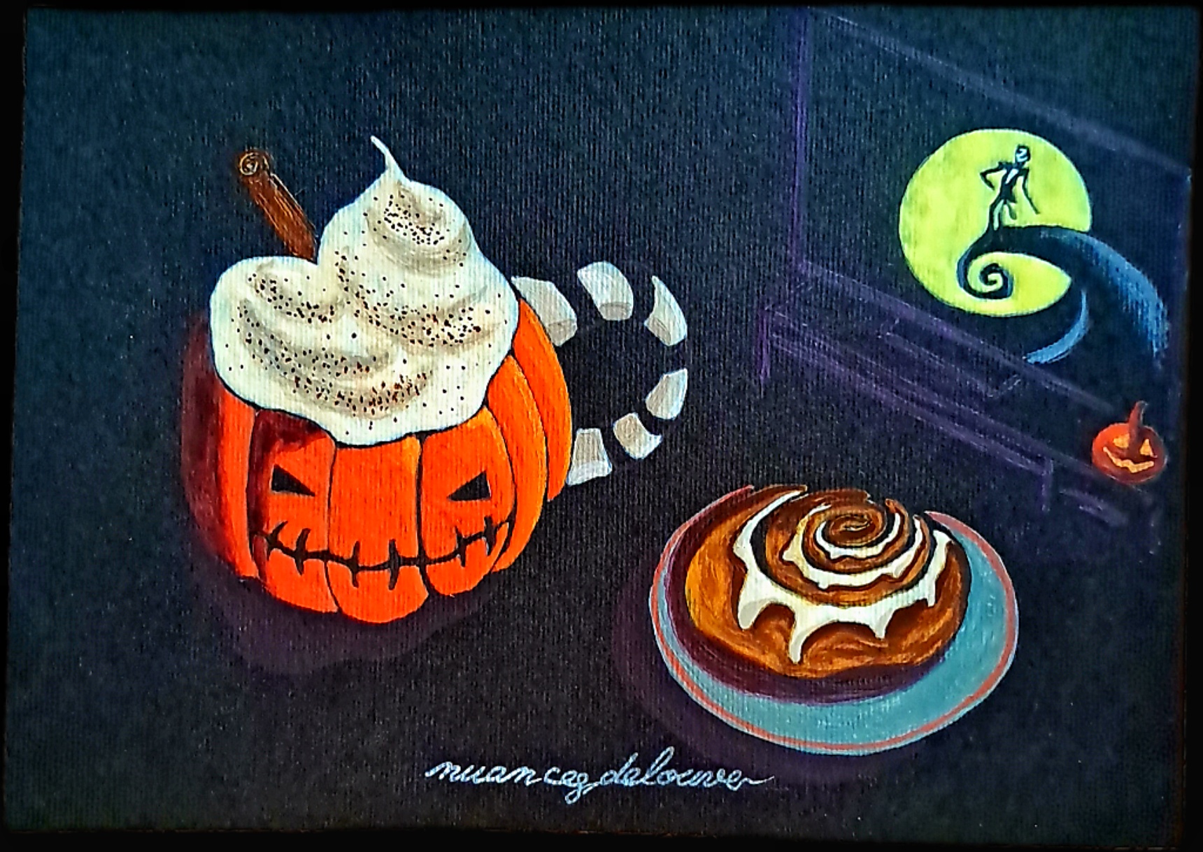 Aquarelle originale The Nightmare Before Michaelmas représentant une tasse citrouille et un cinnamon roll sur papier noir.