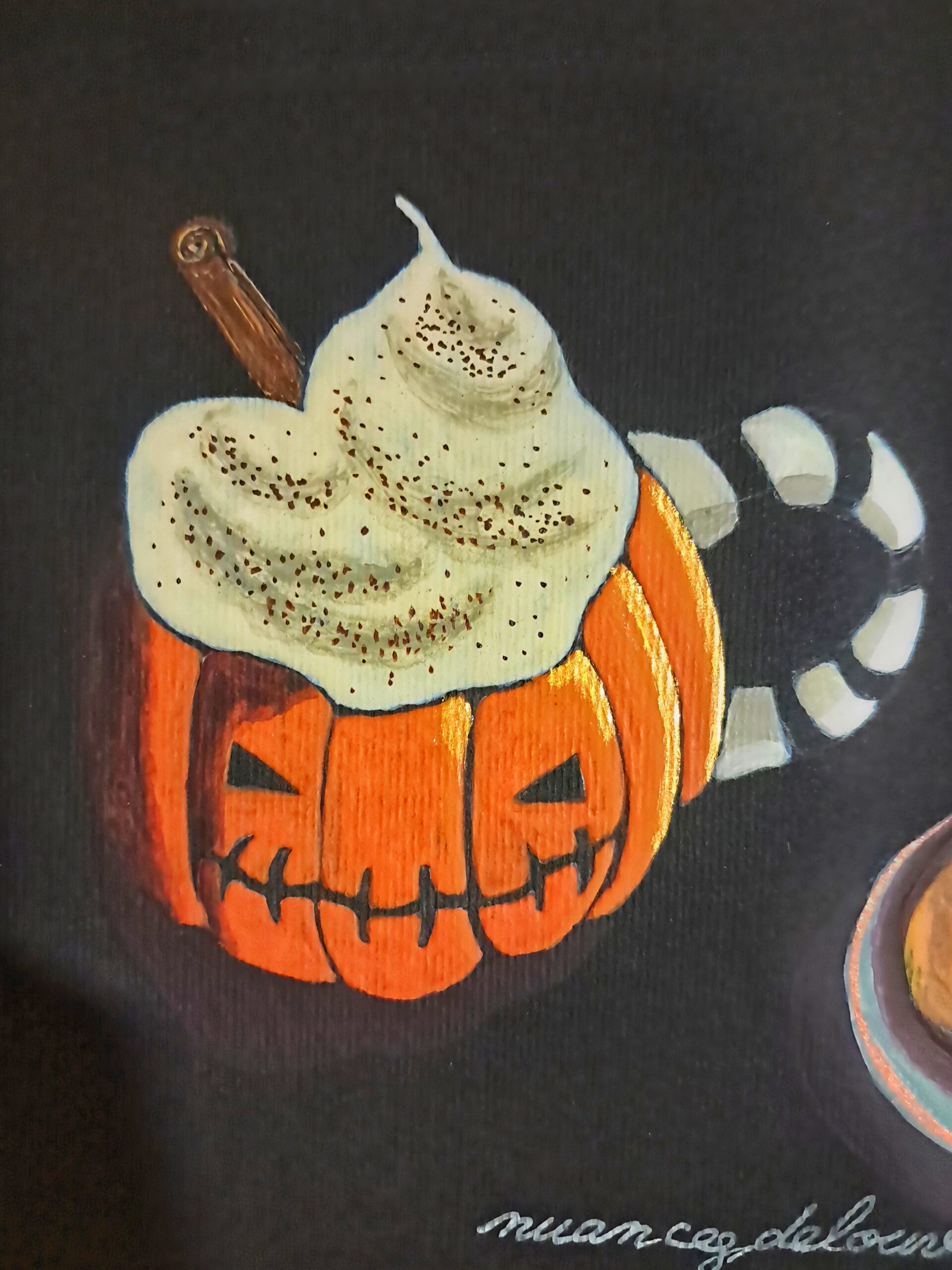 Détail de l'aquarelle The Nightmare Before Michaelmas montrant une taille citrouille spooky coiffée de chantilly et décorée de cannelle.