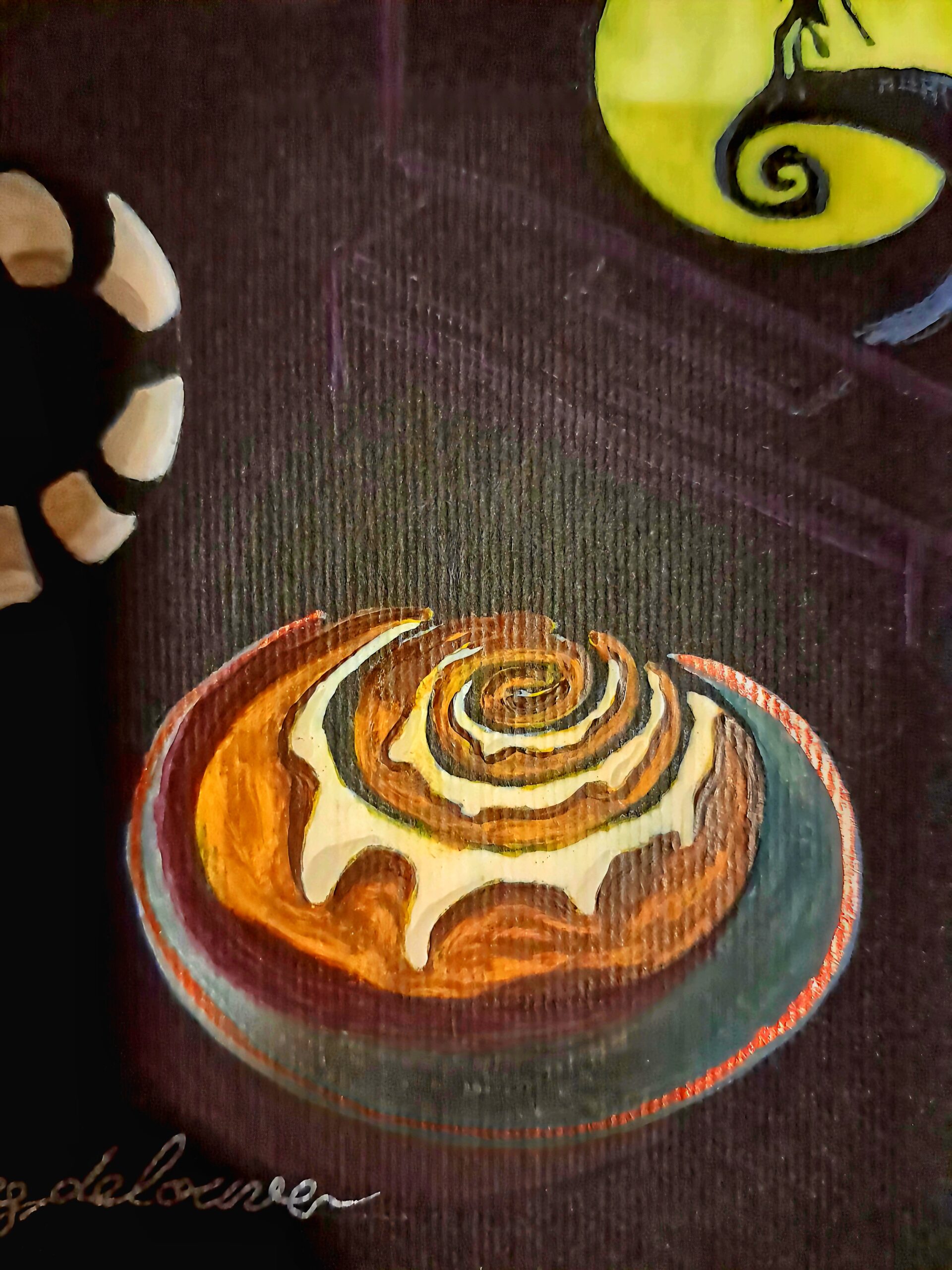 Détail de l'aquarelle The Nightmare Before Michaelmas montrant un cinnamon roll posé sur une assiette