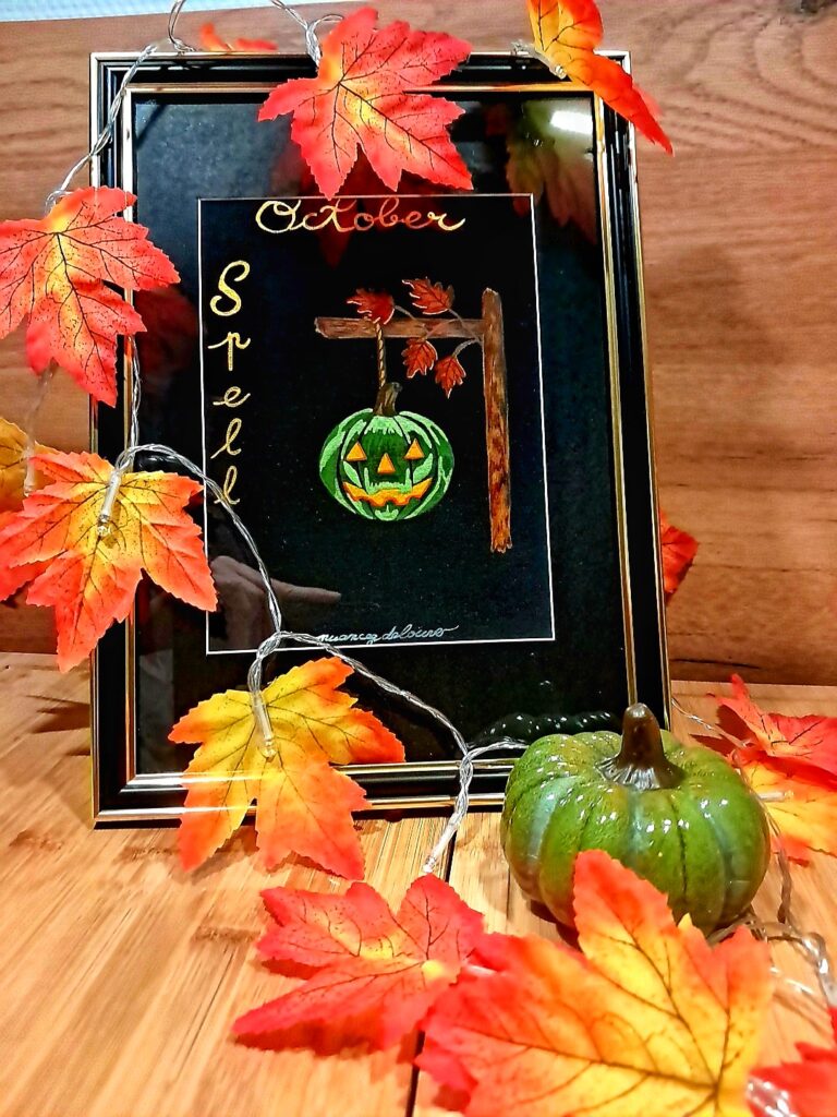 Aquarelle originale October Spell représentant une citrouille verte suspendue à une poutre en bois, entourée de feuilles d'automne oranges.